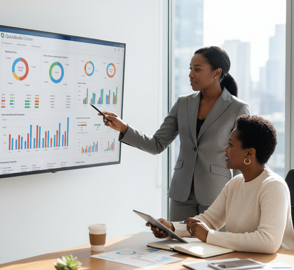 Nexus Tax Books QuickBooks expert helping small business owner with accounting software